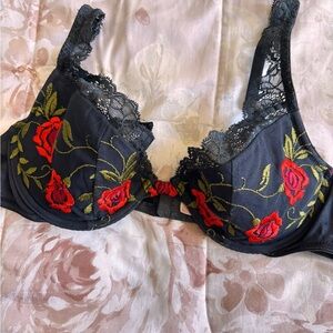 Victoria's Secret Black Bra with Red Floral Embroidery